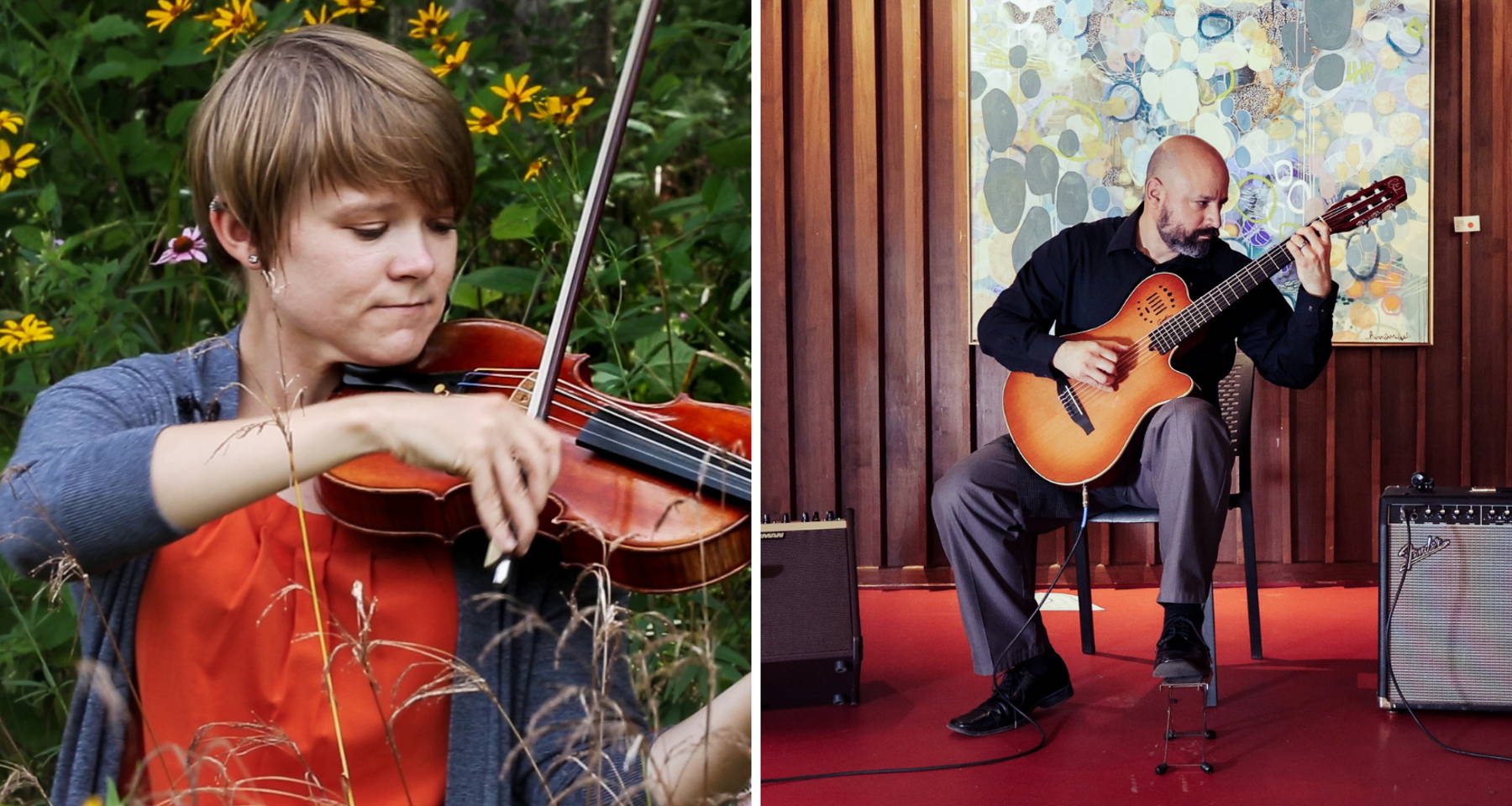 Sarah Page performs violin in nature and John Alvarado performs classical guitar