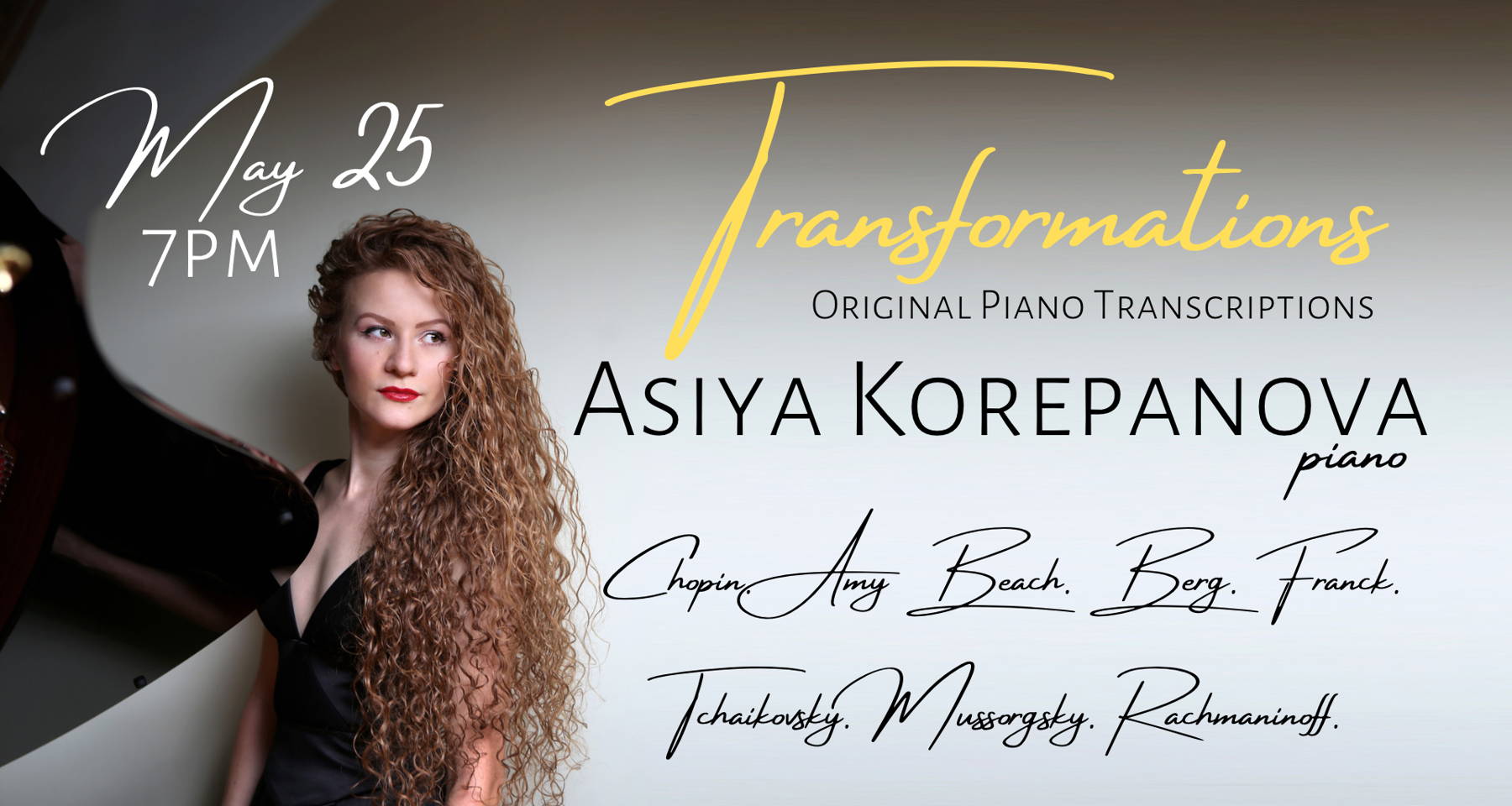 Transformations - piano transcriptions of works by Chopin, Amy Beach, Berg, Franck, Tchaikovsky, Mussorgsky, featuring complete Rachmaninoff Cello Sonata for piano solo.